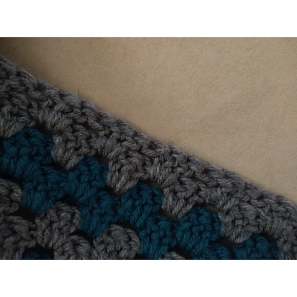 Afghan Throw Blanket Handmade Crochet Teal Gray Squares 60x50 in granny core - Picture 6 of 11